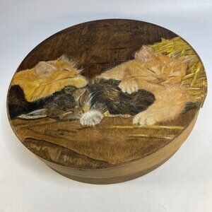 Vintage Large Round Wooden Cheese Box Lid Hand Painted Cat Kitten Sewing 13"